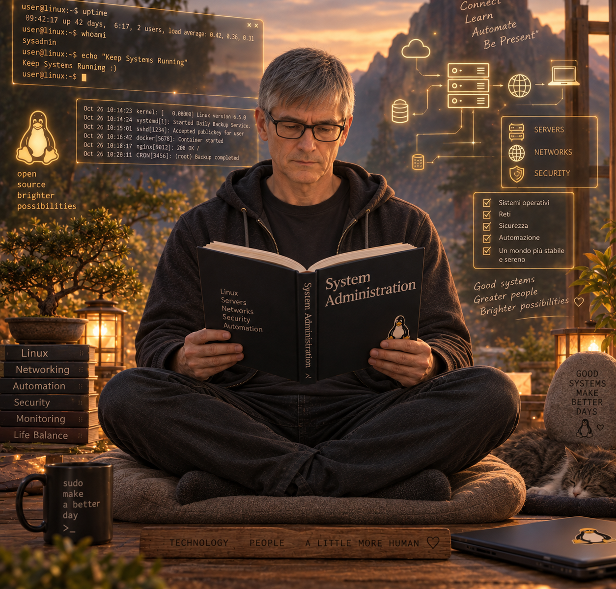 Un uomo di mezza età studia un libro dal titolo "System Administration". E' seduto nella posizione del loto e intorno a lui ci sono immagini con schemi di reti, output di comandi Linux e contenuti di file di log.